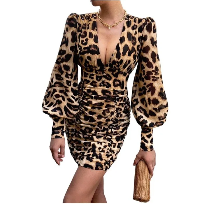 Fall Fashion Sexy Long Sleeve Ruched Leopard Mini Dresses Women Casual Lady  Elegant Floral Print Bodycon Dress Club C13870