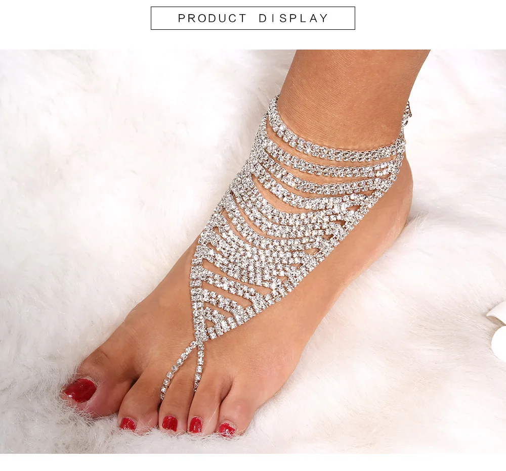 Bridal Crystal Anklet Toe Rings Jewelry Boho Golden Crystal Barefoot