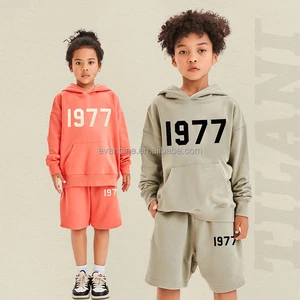 Customizable Kids Apparel Set Fear of God Style 1977 Print 340g Fleece Hoodie Shorts Two Piece Streetwear Outfit