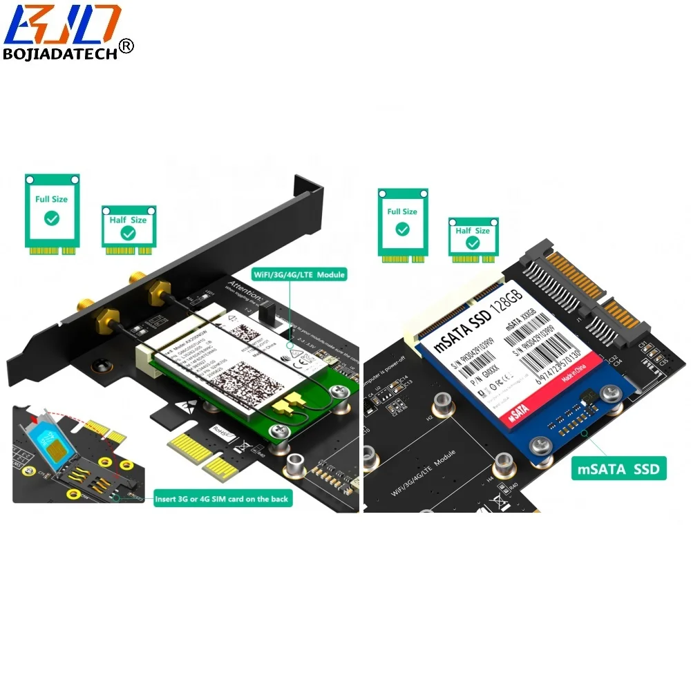 PCI-E 1X to Mini PCIe MPCIe MSATA Slot Adapter Converter Card SIM  Holder Antenna for WiFi Module 3G 4G LTE Modem Msata SSD