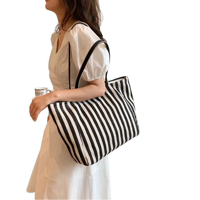 Custom Logo Striped Retro Canvas Shopping Tote Bag Large Capacity Eco-Friendly Handled Bag for Outdoor Use