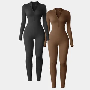 Custom Printing One Piece Bodysuit Fitness Ladies Ribbed Long Sleeve Yoga Jumpsuits