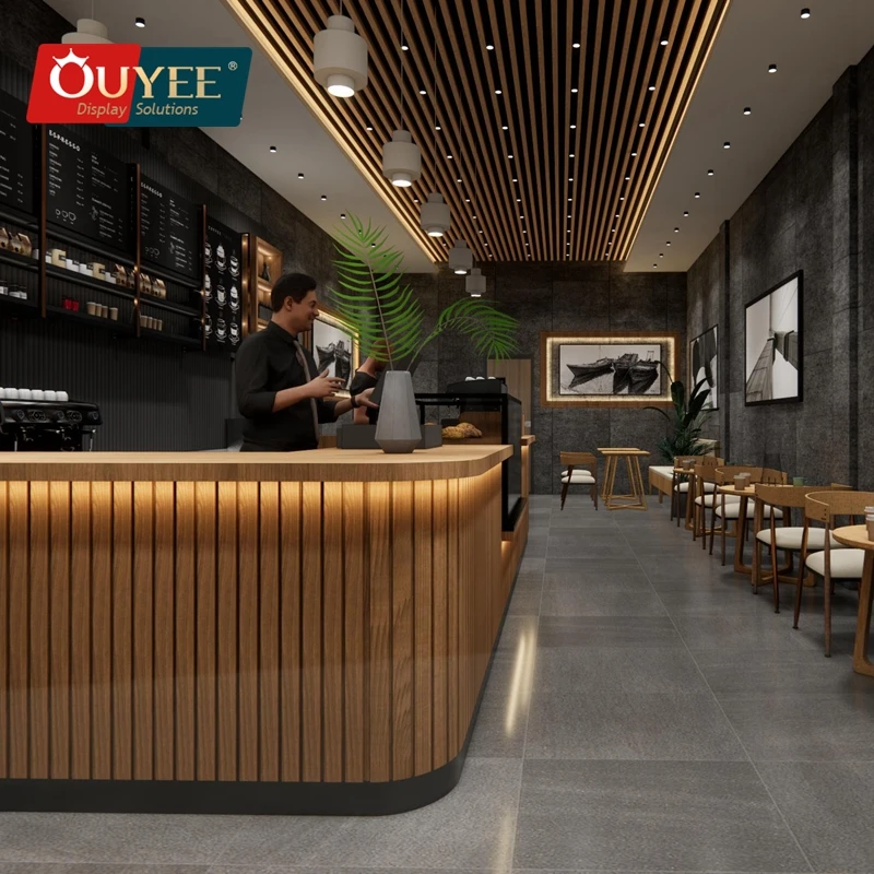Ouyee Modern Coffee Shop Counter Design Furniture Bubble Tea Store Interior Decoration Cafe Bar Coffee Shop Counter