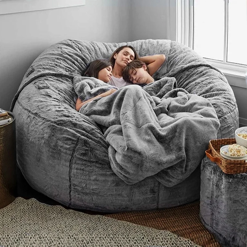 Living Room Furniture Big Round Soft Fluffy Faux Fur Beanbag Lazy Sofa Bed  Cover, (Bed Cover only, no Filler)(Snow Blue) 7ft (210cm)