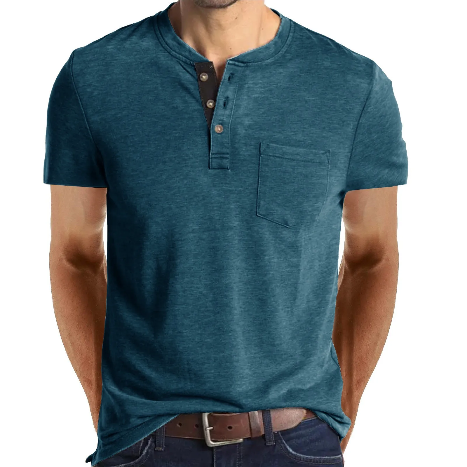 2023 Summer new button men's short sleeve t-shirt solid color loose collar polyester t shirt261_voghion.com