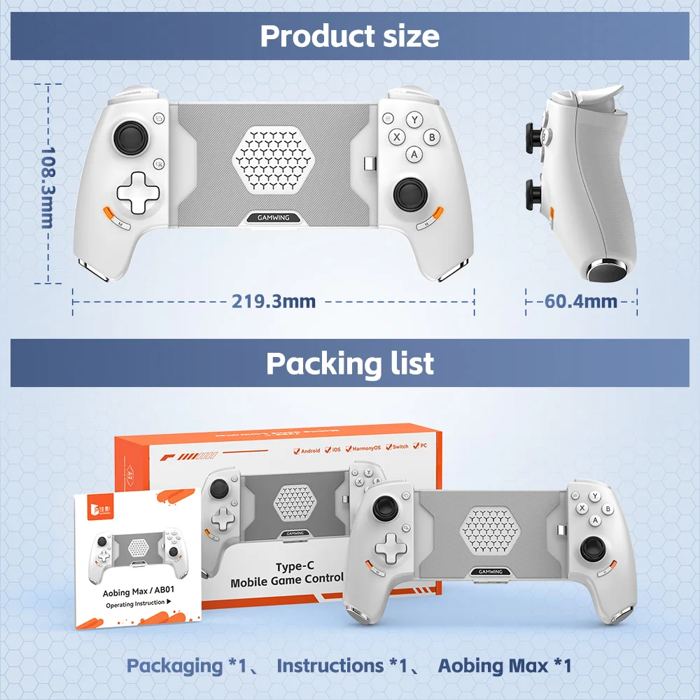 Manette de jeu mobile Gamwing AoBing Max, joystick USB-C filaire et Bluetooth compatible Android, iOS, PC et Switch.