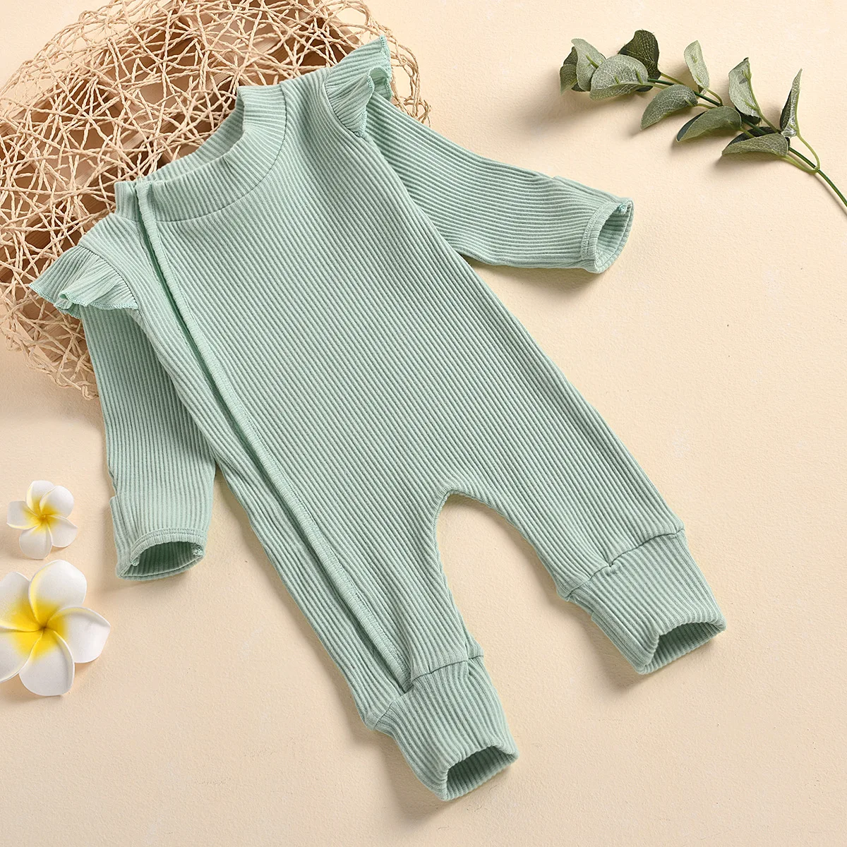 Baby Girl Rompers Newborn Ribbed Long sleeve Jumpsuit with Zipper Solid Color Bodysuit for 0-18m