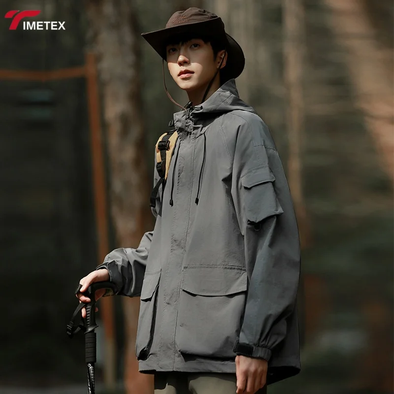 TIMETEX Vintage Safari Jacket for Men Stand Collar Zipper Closure Waterproof 3XL Autumn Winter Wear with Solid Pattern