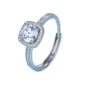 New hot sale 925 Silver Open zircon ring light Square zircon Adjustable wedding ring