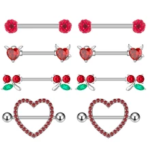 4 Pairs/Set 316L Stainless Steel Red Heart Cherry Nipple Ring Zircon Nipple Shield Barbell 14G Sexy Women  Body Piercing Jewelry