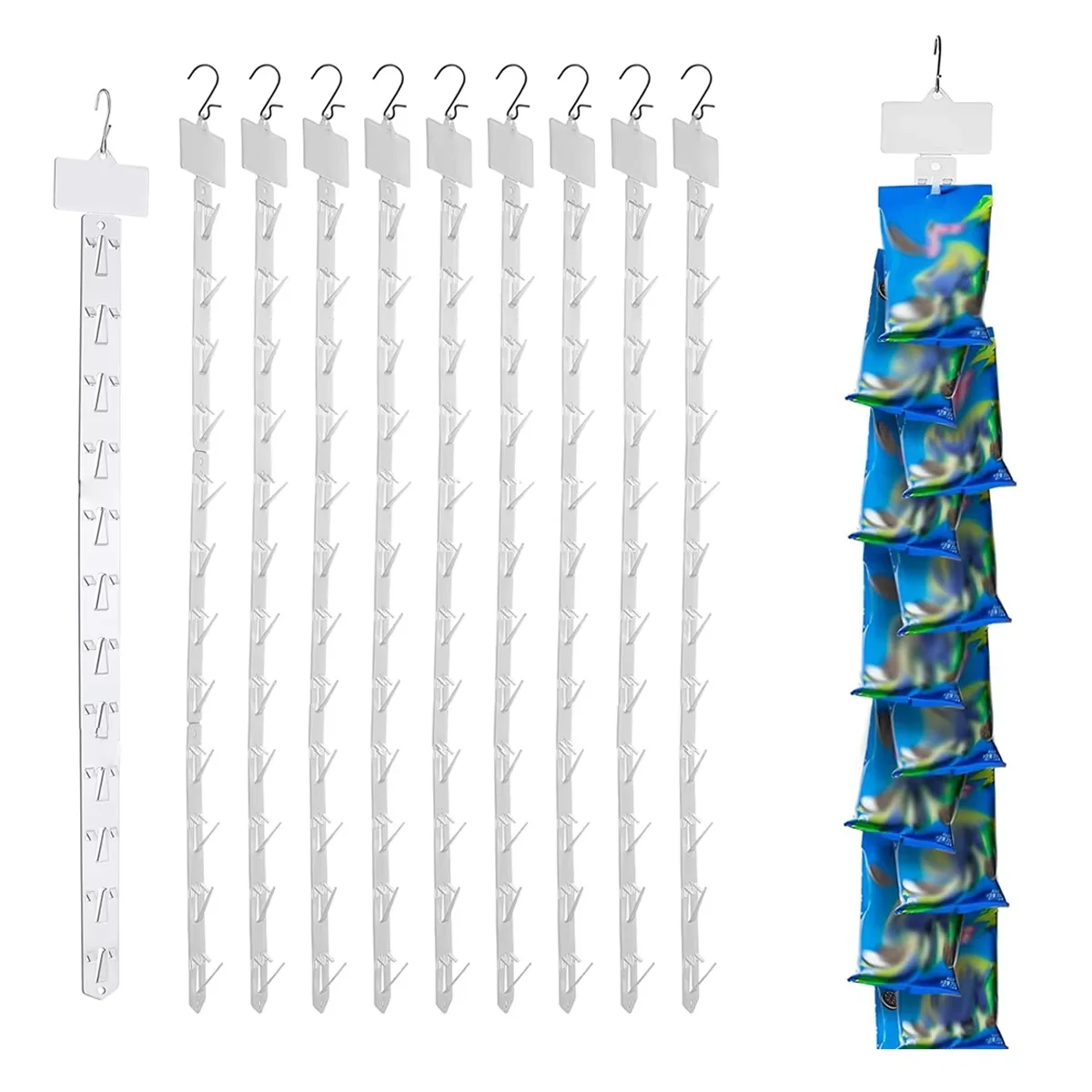 Potato Chip Bag Holder Oleitodh 9Pcs Hanging Merchandise Strips With Hooks, 31 Inch Metal Retail Display Rack With Label Header, Chip Rack For Potato Chips, Snack, Party, Collection For Sale Chips Organizer