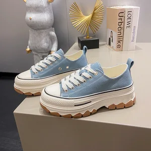 2026 Summer Trendy Women's Korean Style White Sneakers Thick-Soled Breathable Canvas Shoes Lace-Up Casual BR301 for Students