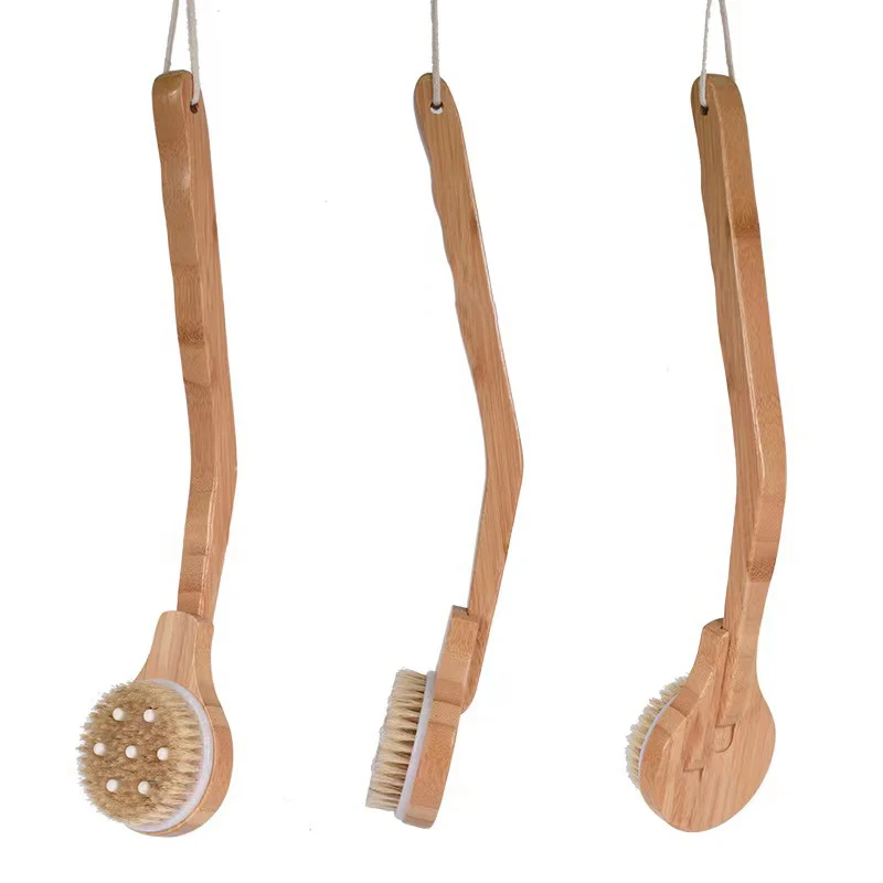 Индивидуальная изогнутая щетка для сухой ванны с бамбуковой деревянной съемной длинной ручкой, щетина из сизаля кабана для мокрой чистки тела