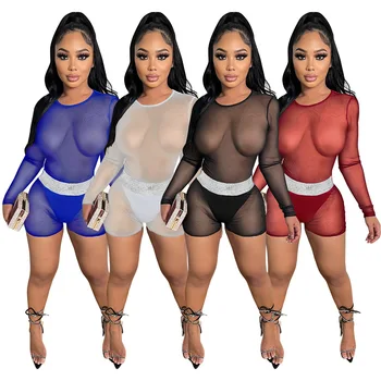 2022 Sexy Mesh Two Pc Outfit Women Clothing See Through Shorts Spring Women S Clothing 2 Piece