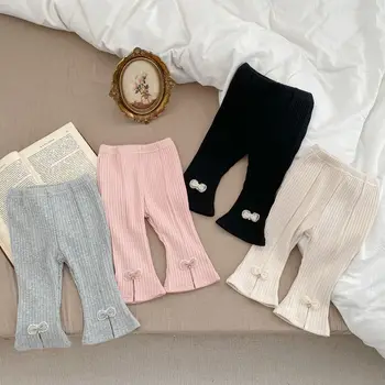 2024 New baby girl sunken stripe high waist trousers split bow bell-bottom pants girls' stretch casual pants outer wear