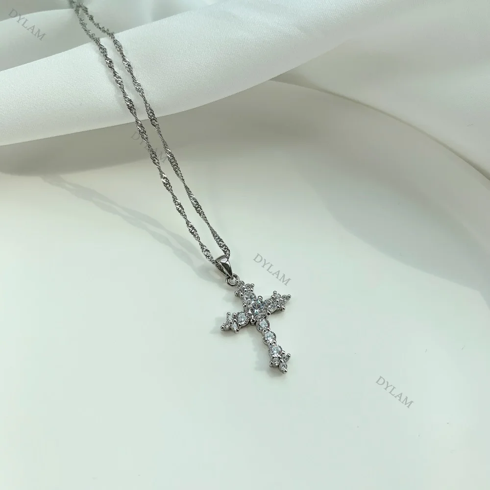 KAKODIY Sterling Silver Jewelry Simple Crystal Pendant Women's Necklace Zirconia Jewelry Couple Exquisite 925 Sterling Silver Cross Necklace detail 1