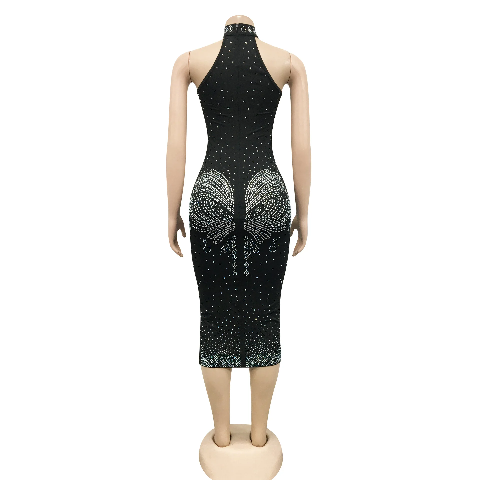 Elegant Sheer Mesh Crystal Diamond Bodycon Dress Women Luxury Long Sleeve  See Through Midi Dress Sexy Club Party Birthday Dress