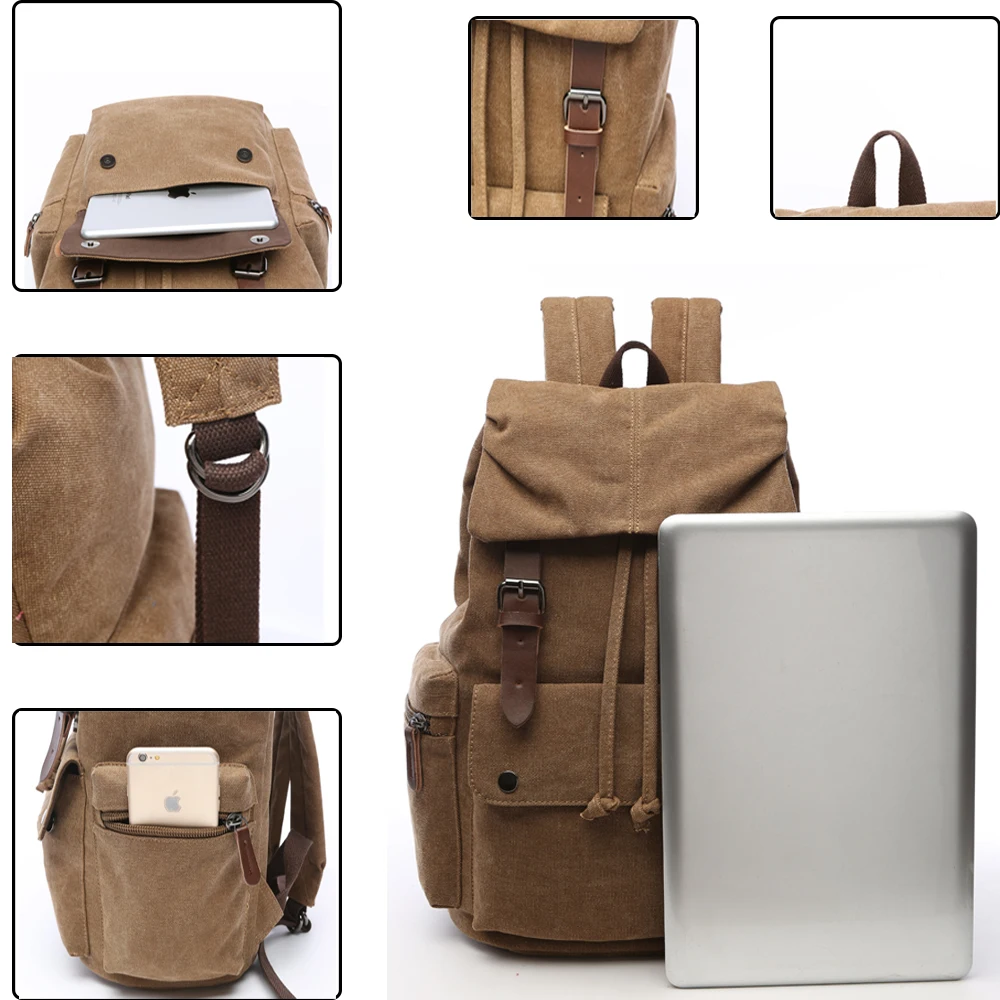 ZUOLUNDUO Solid Color Vintage Canvas Backpack Drawstring Fashionable Portable Leisure Bag for Men Women for Outdoor Adventures