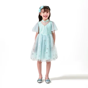 Snowflake Sequin Detail Light Blue Tulle Dress Kids Costume for Stage Performance Comfortable Breathable Winter Gatherings