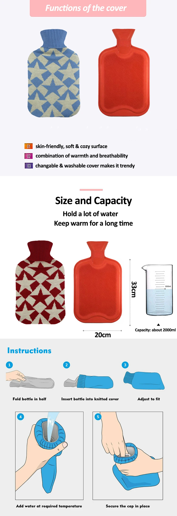 product-750-2182 rubber hot water bag 2000ml portable thickened high density hand warmer knitted covered rubber hot water bottle wholesale