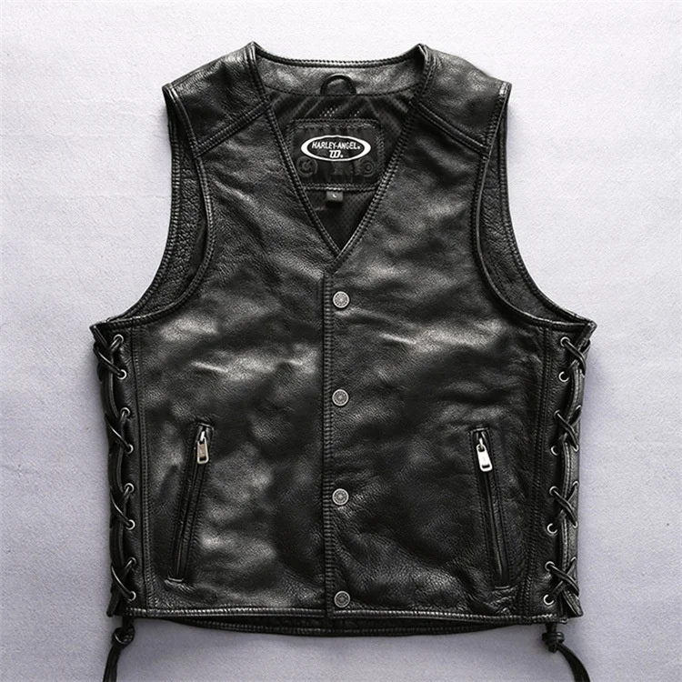 Real Leather Vests Motorcycle Sleeveless Coat Outdoor Short