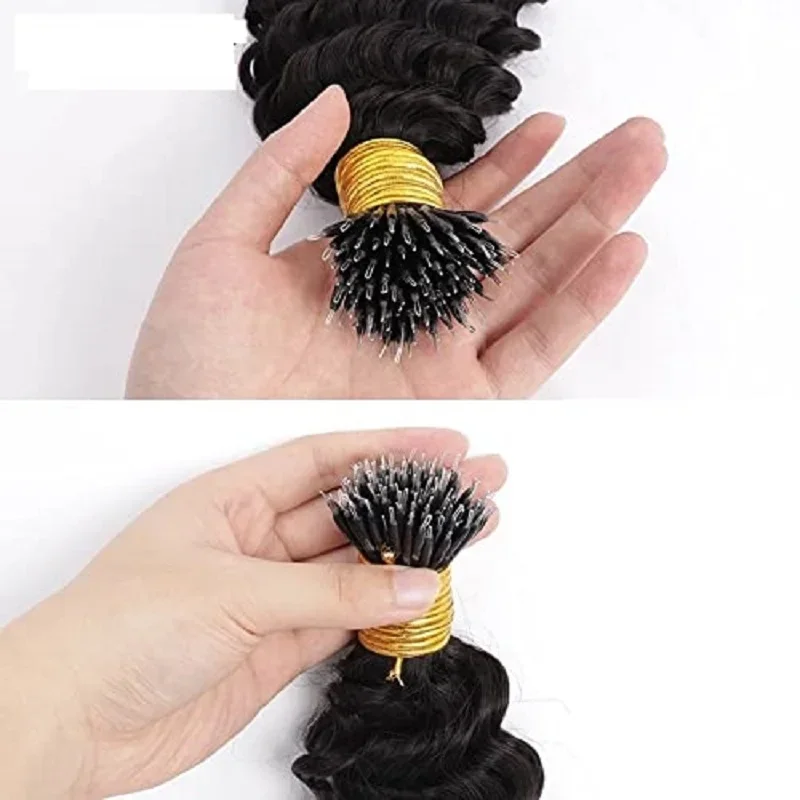 „Sassy Curly Nano Ring“ žmogaus plaukų priauginimas, Malaizijos „Remy“ plaukai, minkšti garbanoti, mikrolinkių nano karoliukai, žiediniai plaukai, 100 g, 100 sruogų_voghion.com