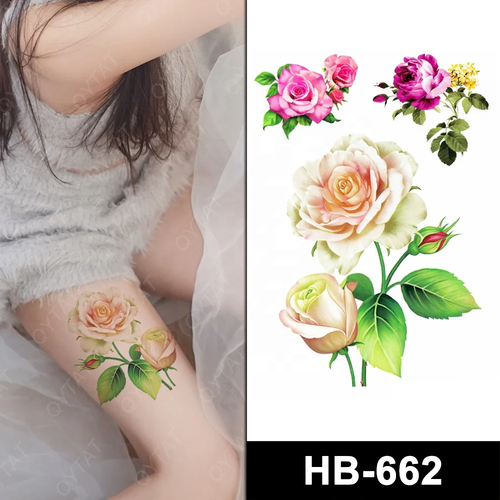 Stock Naked Woman Body Art Popular Water Transfer Beautiful Temporary Colourful Ink Printing Fake Flower Rose Tribal Tattoos