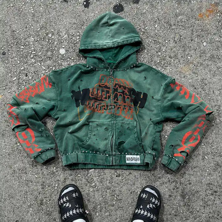 Manufacturer 500gsm Oversized Streetwear Hoodie Custom Acid Wash Print Rhinestone Heavyweight Cotton Zip Hoodie for Men gallery 2
