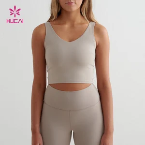 HUCAI Custom V-shape Back V Neck Removable Pads Fully Lined High Impact Workout Running Crop tank Top Sports Bra