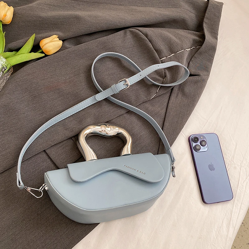 Fashionable Metal Handle Handbag Unique Irregular Design Crossbody Bags for Women Small Pu Leather Purse 2025