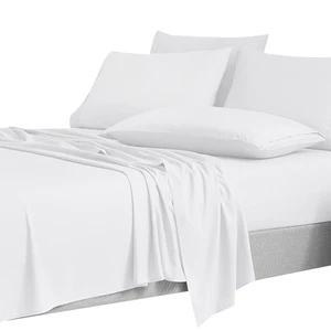 Wholesale Simple Solid White Luxury Bed Sheet Sets Bamboo/Polyester OEKO-TEX Certified Anti-Dust Mite Air-permeable Customizable