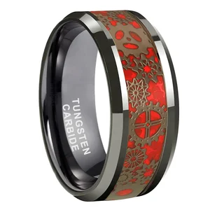 Coolstyle Jewelry Wholesale 8mm Gunmetal Tungsten Ring for Men Women Steampunk Gear Red Carbon Fiber Inlay Fashion Wedding Band