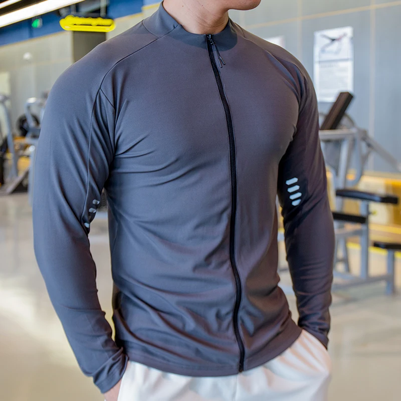 Men Zipper Elastic Quick Dry Running Hoodie Jackets Fitness Gym Sports Stand Collar Clothing Sport Top Sportswear Utility Jacket