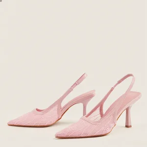 BUSY GIRL CXX263 Women's Shoes Pink Sexy Black Temperament Lace Slingback Single Shoes Stiletto High Heels Party Banquet Heels