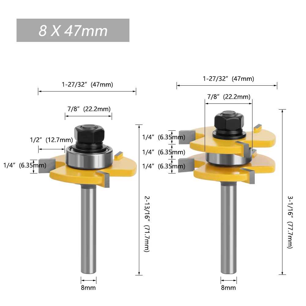 2pcs Wood Router Bit Set 6mm Ttype Woodworking Milling Cutter 1/4 1/2