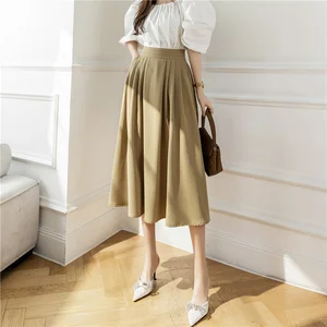 Casual A-line Skirt with Feathers Halflength Mid Length Over Knee Pocket Folded Large Swing Skirt