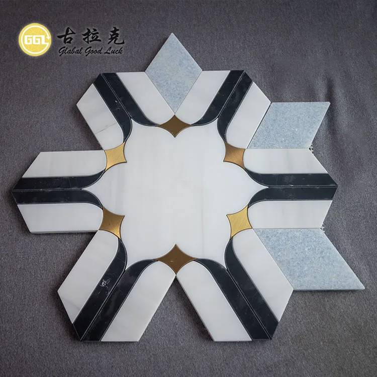 Water Jet Black and White Flower Shaped Marble Mosaic Tile Mix Brass Natural Marble Mosaic for Kitchen Splash Tile factory