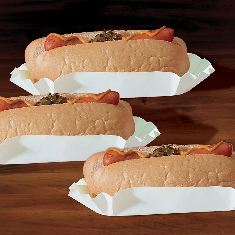 750 White Recyclable Fluted 8-Inch Hot Dog Tray Holders Wrappers Matt Lamination Sturdy Construction Stamp Printing for Food Use