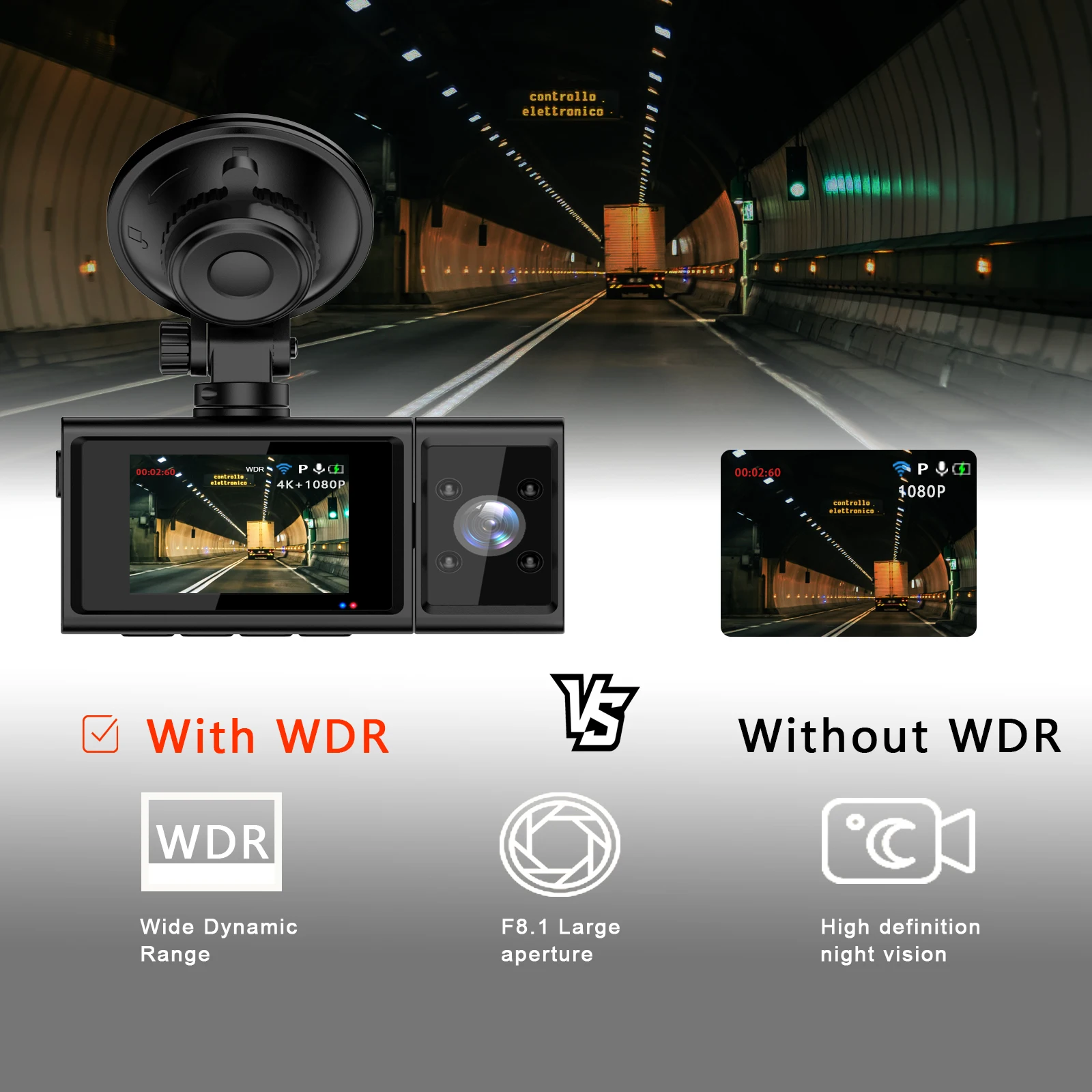 Acheter Caméra de tableau de bord avec enregistrement UHD 2K, DVR, Vision  nocturne, GPS intégré, Wi-Fi, capteur G, enregistreur de conduite  automatique
