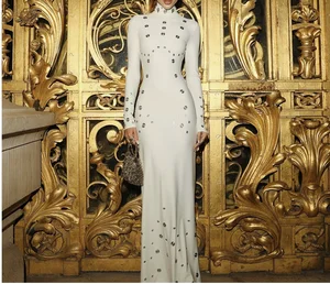 Elegant White Long Sleeve High-neck Bodycon Long Dress Rivet Embellishments Fashion Galas Evening Party Dress