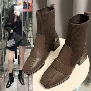 Winter Ladies British Wind Women's Middle Cylinder Short Boots Chunky Heel Thick Bottom Black Platform Socks Leather Ankle Shoes