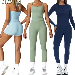 Custom Women High Quality Long Sleeves 4 Piece Yoga Set Open Back Sports Bra High Waist Yoga Pants Seamless Hollow Out Yoga Set