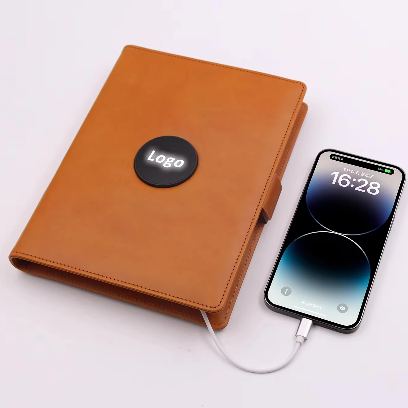 Luxury Gift Set Custom Led Logo 8000mah Powerbank A5 Business Leather Notebook Magnetic Wireless Charger Power Bank