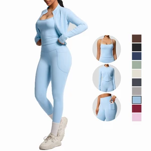 New Fashion Lady High Waist Gym Vest 3Pcs High Quality Long Sleeve Yoga Set Sexy High Elastic Fitness Clothes Breathable High