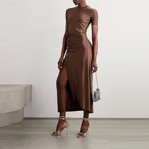 Clothing Manufacturer Custom Spring Summer Brown Crew Neck Short Sleeve Elegant Casual Women Satin Maxi Dress