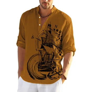 New loose casual printed bamboo knot linen button collar breathable men's oversized shirt for Spring vacation