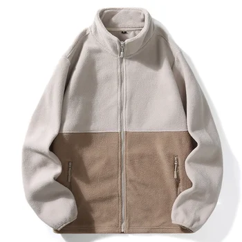 Custom Logo Men's Autumn Winter Color Block Trendy Loose Casual Warm Fleece Cardigan Sweatshirt Jacket for Men Fashion Outerwear
