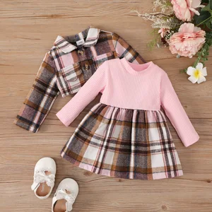 Autumn Winter Girl Baby Toddler Set Solid Color Patchwork Plaid Skirt Dress Jacket Sweet Style ODM Supply Clothes for Kids