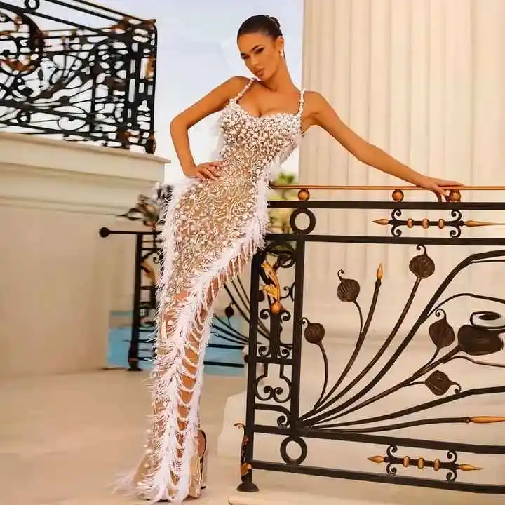 Clothing Mesh Floor-Length Ball Gown Strapless Sexy Rhinestone Tassel Side Split White Beading Bodycon Women Evening Party