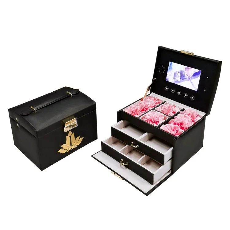 PU ring jewelry storage gift packaging display screen player jewelry box with lcd video